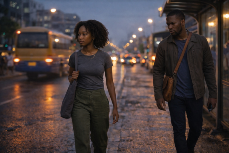 Financial literacy for young adults — Kaiya and Addy walking through a rain-wet city street at dusk in The Gate Chronicles Episode 1